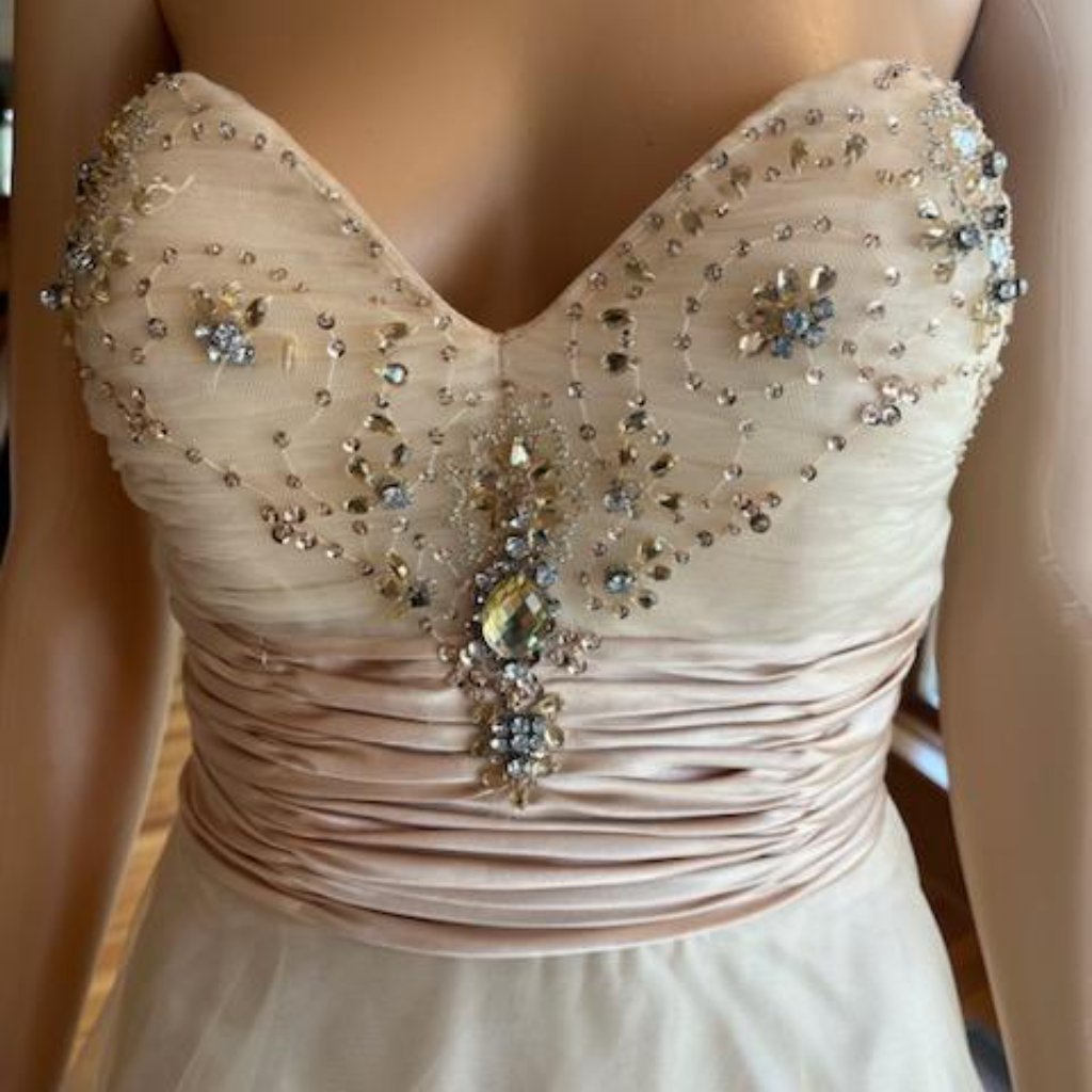 *Davids Gold Beads Tulle Floor Length Strapless Wedding Dress Bridal Gown Size 8
